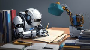 illustration of a robot writing in a notebook